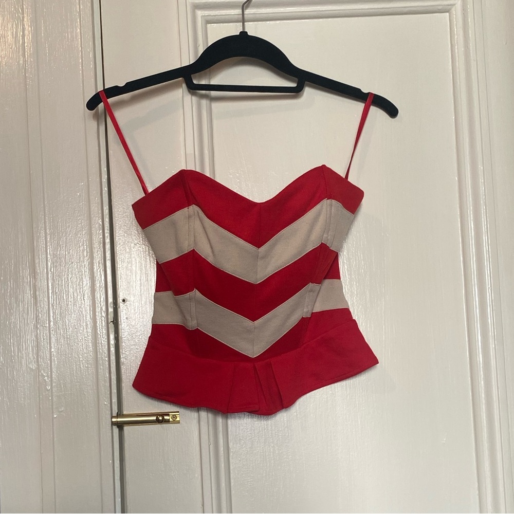 Lucca Couture Strapless Red/Cream Striped Peplum Corset Top, S
